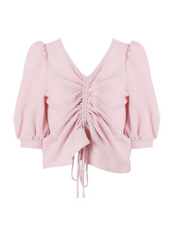 Pink V-neck Drawcord Pullover Crop Blouse