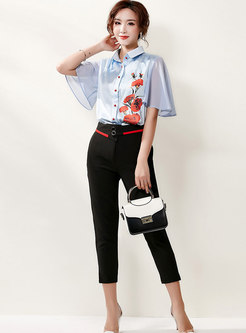 Flare Sleeve Print Single-breasted Blouse