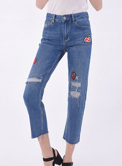 High Waisted Denim Embroidered Straight Pants