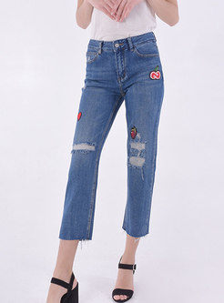 High Waisted Denim Embroidered Straight Pants