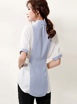 Color-blocked Lapel Short Sleeve Casual Blouse