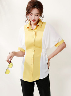 Color-blocked Lapel Short Sleeve Casual Blouse