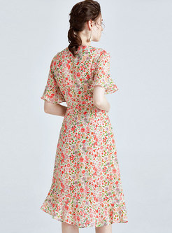 Floral Falbala Silk Bodycon Peplum Dress