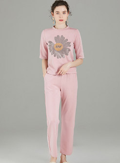 Pink Mock Neck Print Casual Pant Suits