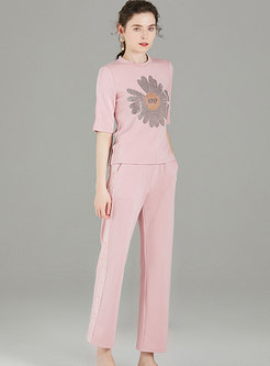 Pink Mock Neck Print Casual Pant Suits