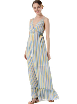 Deep V-neck Striped Backless Beach Maxi Dress