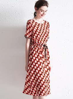 Short Sleeve Geometric Print Silk Skater Dress