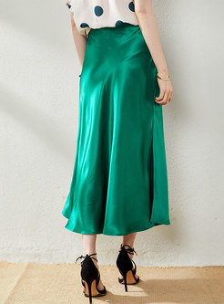 Green Satin High Waisted Maxi Skirt