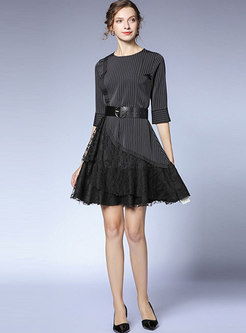 Black Striped Lace Patchwork A Line Dress