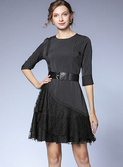 Black Striped Lace Patchwork A Line Dress