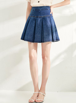 High Waisted Pleated Denim Mini Skirt