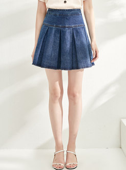 High Waisted Pleated Denim Mini Skirt