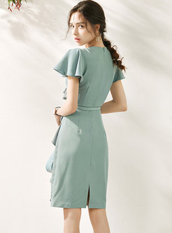 Solid Color Ruffle Sleeve Slim Bodycon Dress