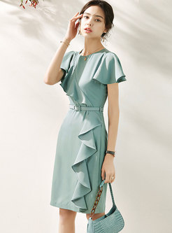 Solid Color Ruffle Sleeve Slim Bodycon Dress