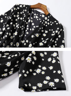 Black Short Sleeve Floral Chiffon Skater Dress