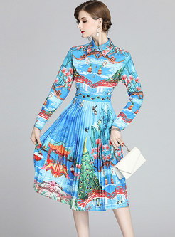 Blue Print Pleated A Line Midi Dress