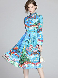 Blue Print Pleated A Line Midi Dress