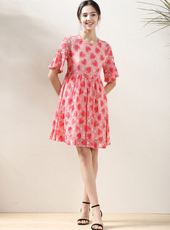 Pink Print Short Sleeve Lace Skater Dress