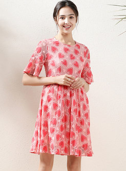 Pink Print Short Sleeve Lace Skater Dress