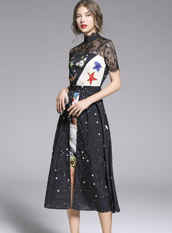 Black Mesh Transparent Patchwork Print Lace Dress