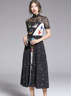 Black Mesh Transparent Patchwork Print Lace Dress