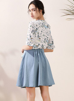 Print Short Chiffon Blouse & A Line Mini Skirt