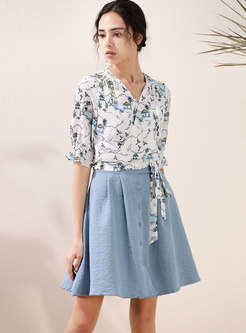Print Short Chiffon Blouse & A Line Mini Skirt