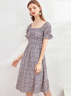 Square Neck Floral High Waisted Cotton Dress