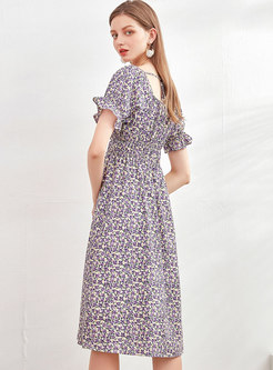 Square Neck Floral High Waisted Cotton Dress