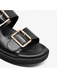 Black Leather Buckle Flat Roman Sandals