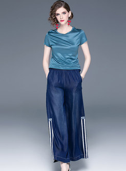 Pullover Slim T-shirt & Denim Palazzo Long Pants