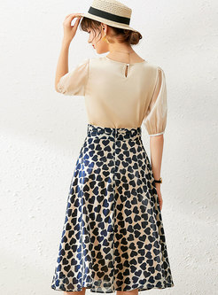 Crew Neck Pullover High Waisted Print Skirt Suits