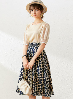 Crew Neck Pullover High Waisted Print Skirt Suits