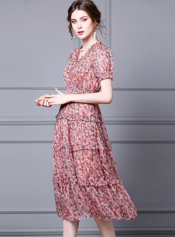 V-neck Floral Puff Sleeve Midi A Line Dress