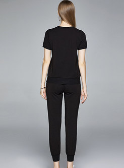 Black Casual Print Pullover Slim Pant Suits