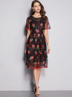 Mesh Embroidered Plus Size A Line Dress