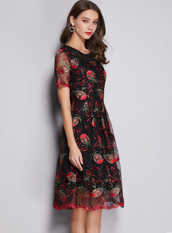 Mesh Embroidered Plus Size A Line Dress