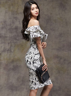 Off-the-shoulder Ruffle Print Bodycon Dress