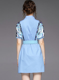Blue Print Patchwork Belted Mini Skater Dress