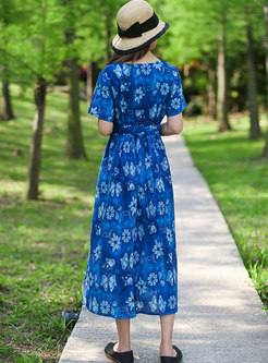 Blue Short Sleeve Print Wrap A Line Midi Dress