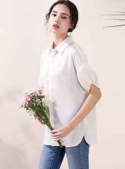 White Lapel Puff Sleeve Loose Blouse