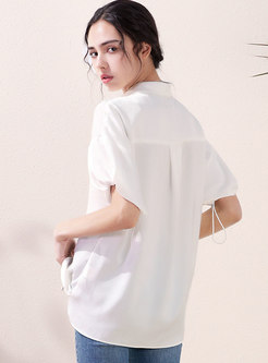 White Lapel Puff Sleeve Loose Blouse
