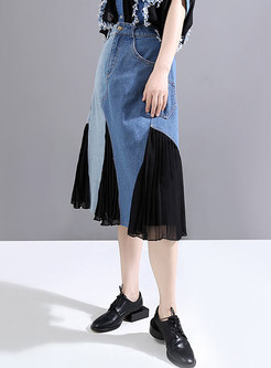 Blue Denim Patchwork Chiffon A Line Skirt