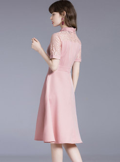 Pink Short Sleeve Lace Patchwork Skater Dress