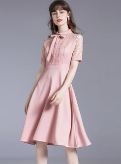 Pink Short Sleeve Lace Patchwork Skater Dress