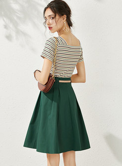 V-neck Striped Slim Knit Top & A Line Skirt