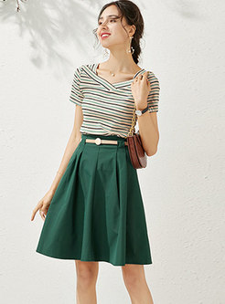 V-neck Striped Slim Knit Top & A Line Skirt