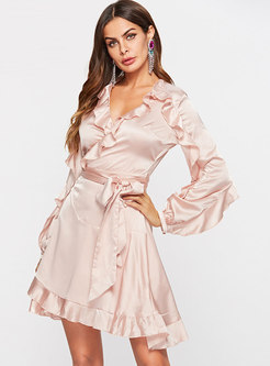 Pink Ruffle Long Sleeve A Line Mini Dress