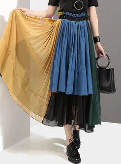 Color-blocked High Waisted Patchwork Chiffon Skirt