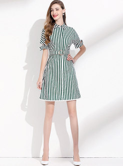 Green Striped A Line Mini Dress With Belt